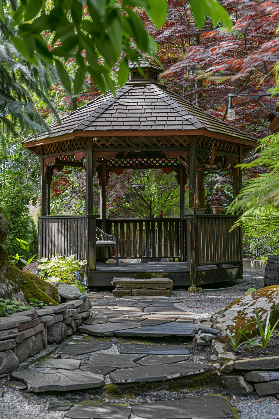 A tranquil gazebo with a wooden shingle roof surrounded by lush greenery and a stone pathway leading to it.