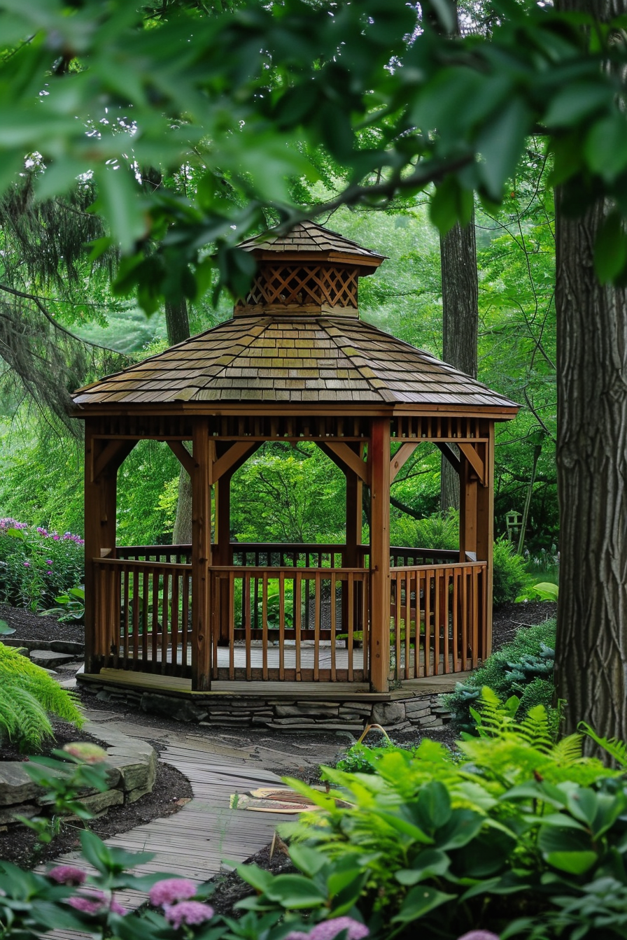 Wooden gazebo in a lush green garden with surrounding trees and a stone pathway leading to it.
