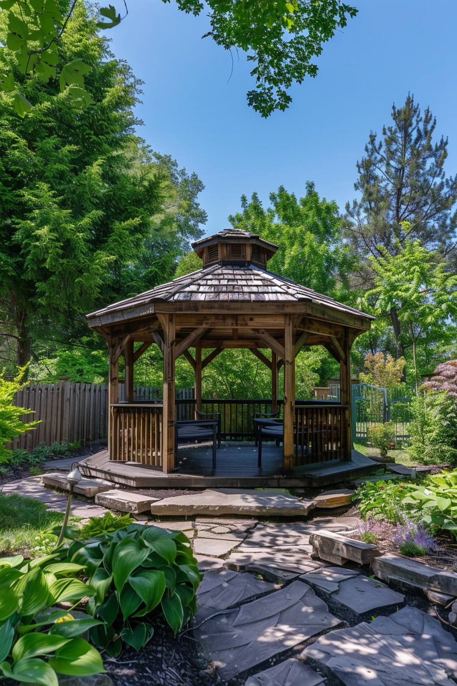 Wooden gazebo in a lush garden with stone pathway and green foliage under a clear blue sky.