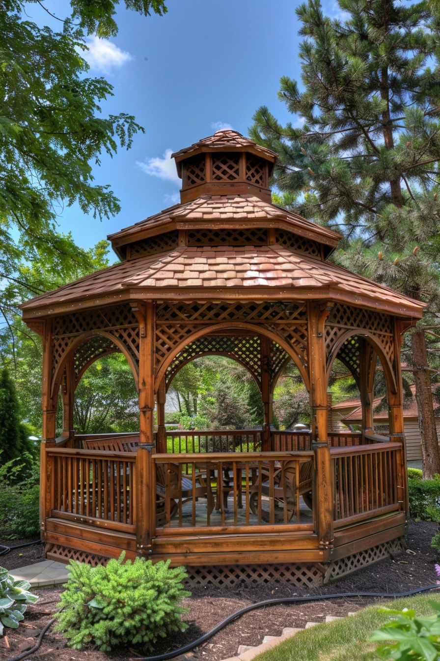 Wooden gazebo with a shingled roof in a lush garden surrounded by trees under a clear blue sky.