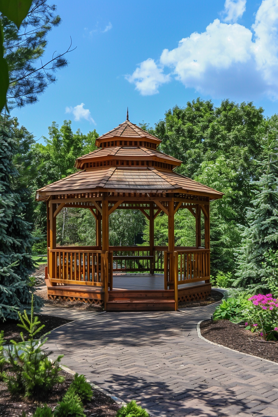 A wooden gazebo in a lush garden with a paved path leading to it, under a clear blue sky with fluffy clouds.