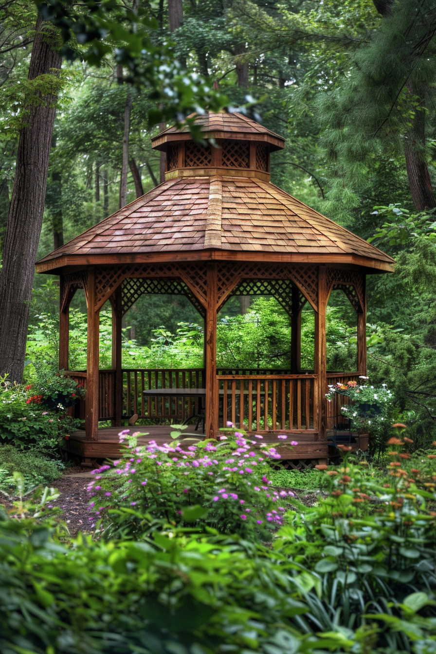 A wooden gazebo surrounded by lush greenery and flowers in a serene forest setting.