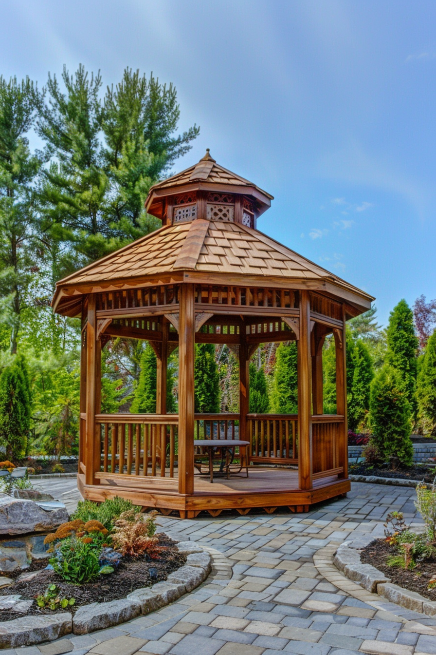A wooden gazebo with a shingled roof, set on a stone path surrounded by landscaped plants and tall green trees under a blue sky.