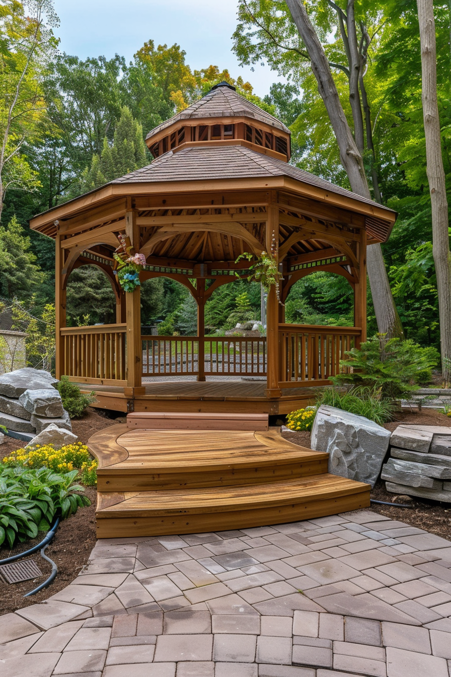 ALT Text: "Wooden gazebo with a shingled roof in a garden setting, featuring steps leading up to it, and surrounded by trees, rocks, and floral landscaping."