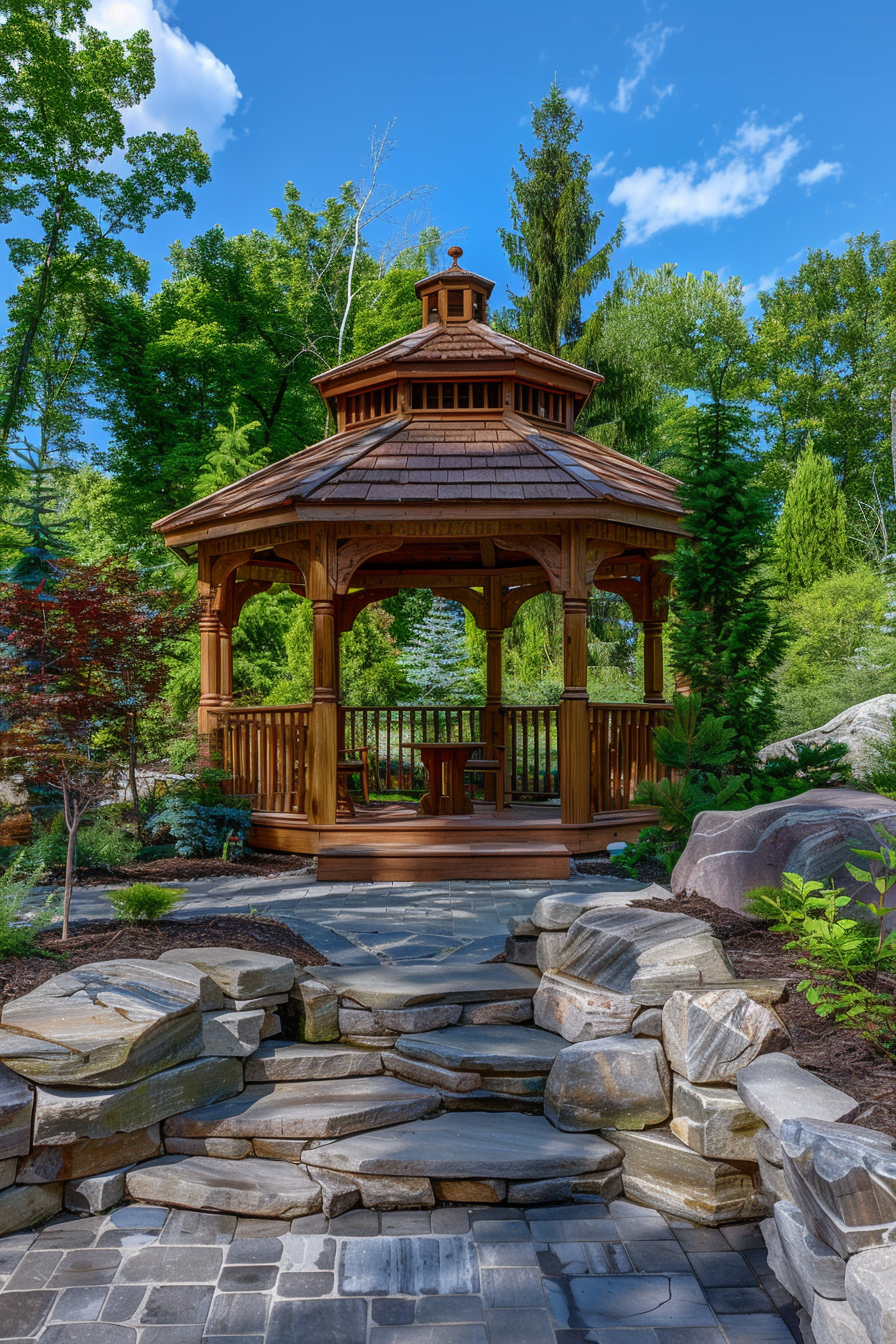 Wooden gazebo with a shingled roof in a lush garden, connected by a stone pathway under a clear blue sky.
