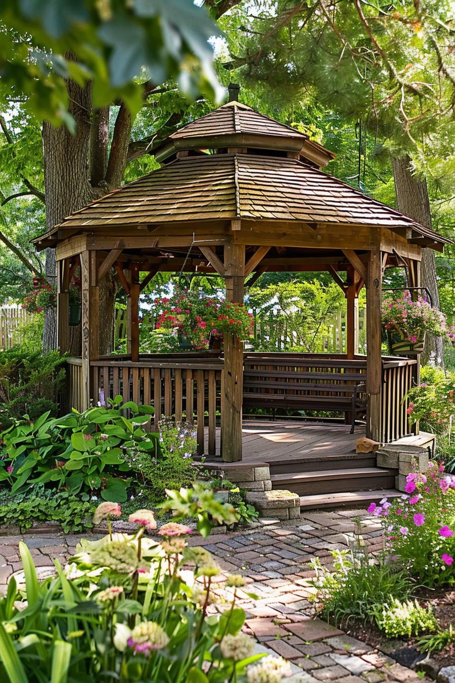 A wooden gazebo surrounded by lush greenery and vibrant flowers, with a brick pathway leading to it.