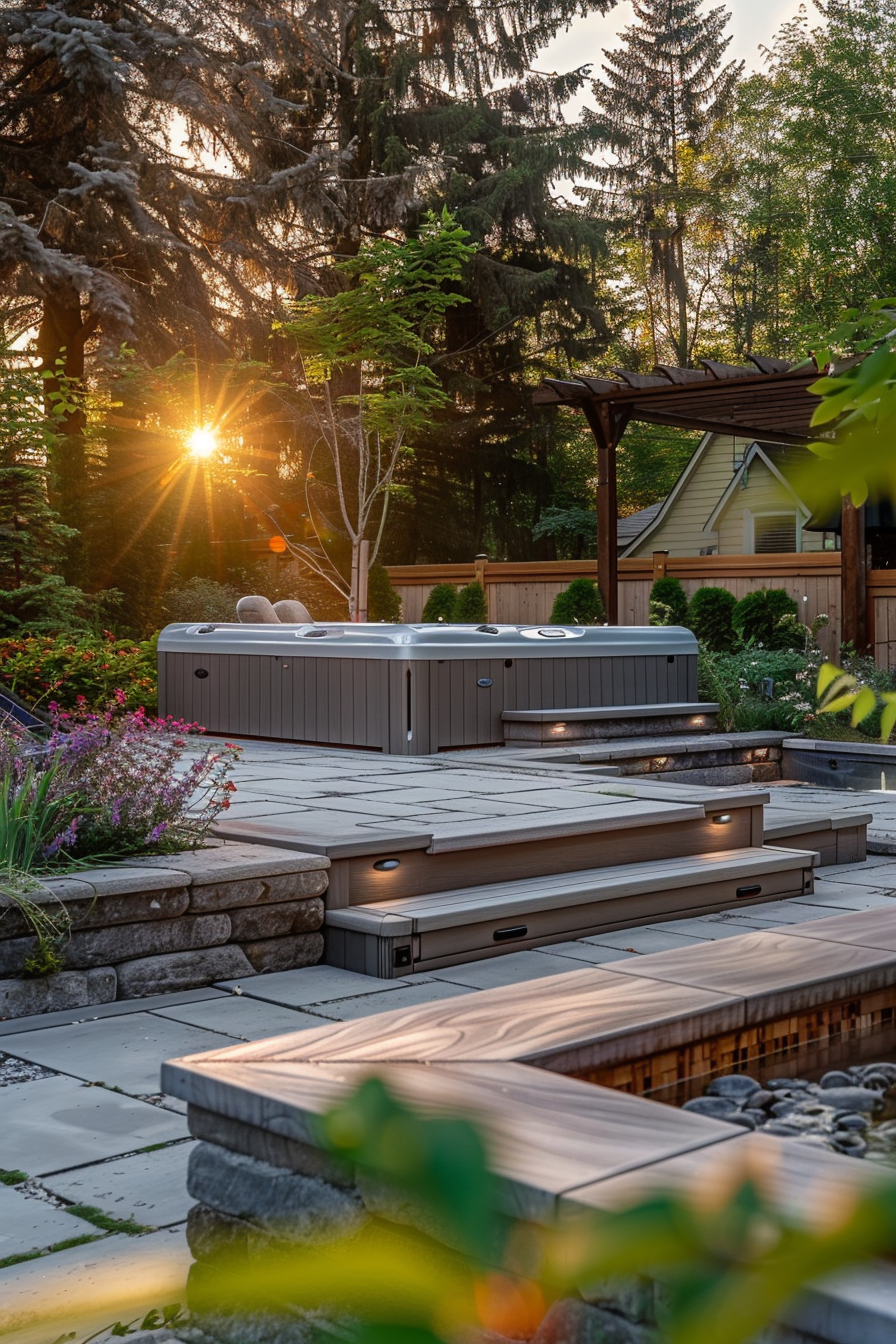 A serene backyard with a hot tub at sunset, surrounded by lush trees and stone pathways, highlighting a relaxing outdoor space.
