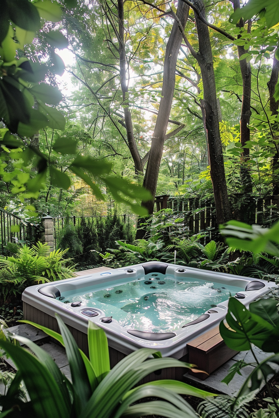 An outdoor hot tub nestled among lush greenery with trees and plants, creating a tranquil backyard oasis.