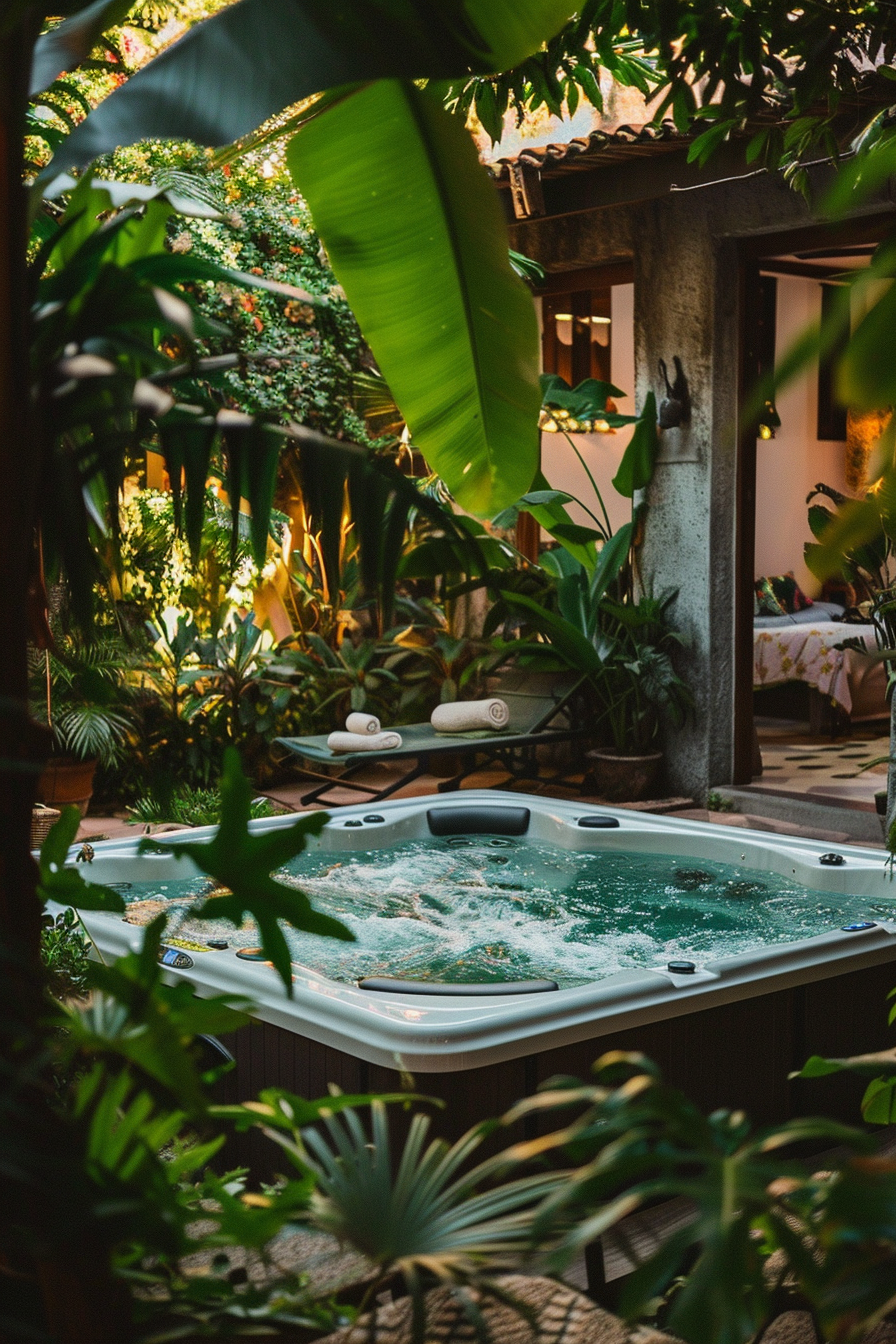 An outdoor hot tub surrounded by lush tropical plants and mood lighting in a serene garden setting.