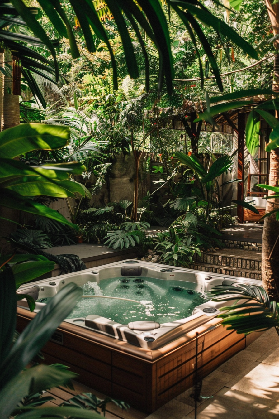 An inviting hot tub nestled among lush tropical plants, providing a tranquil outdoor spa experience.