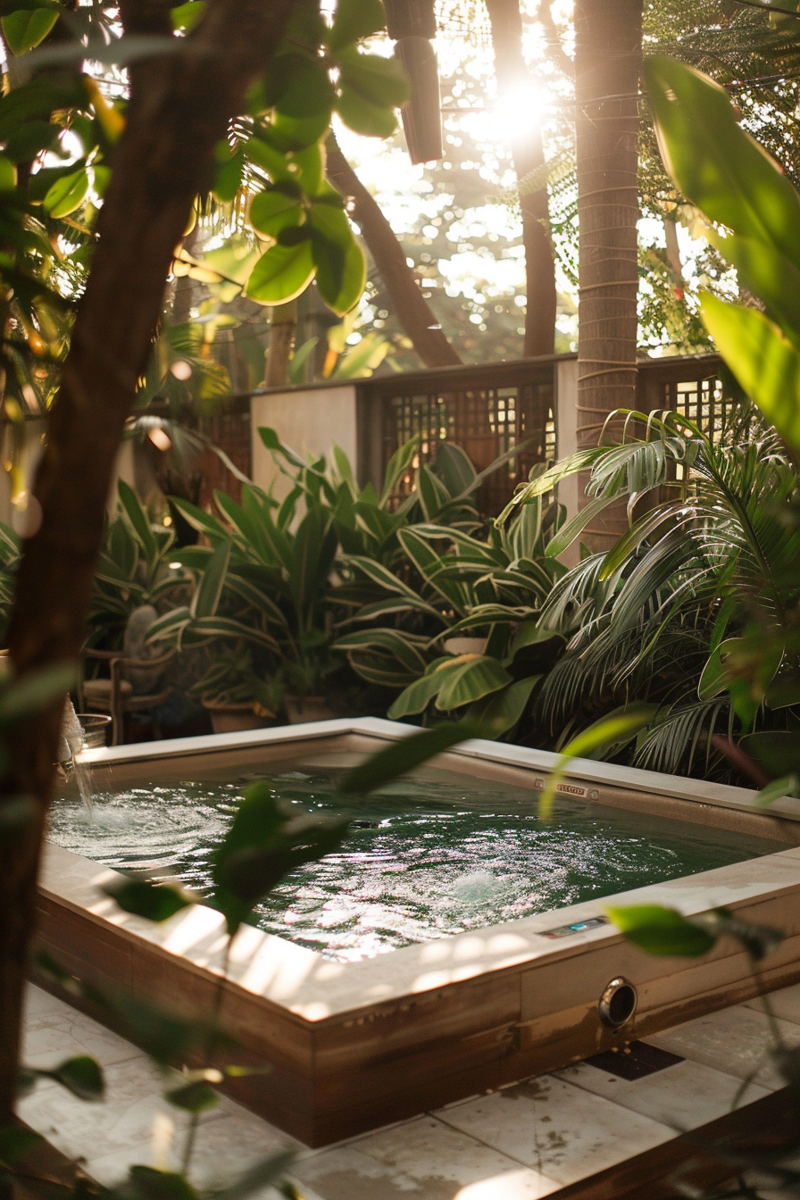 A serene outdoor hot tub nestled among lush green plants with sunlight filtering through the foliage.