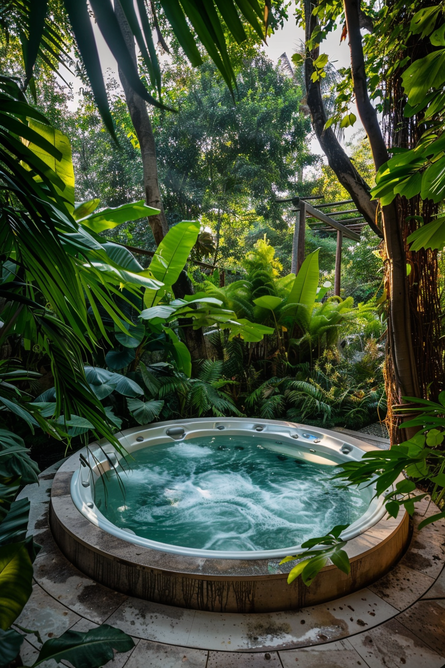 A hot tub surrounded by lush tropical greenery, with foamy water indicating it is in use.