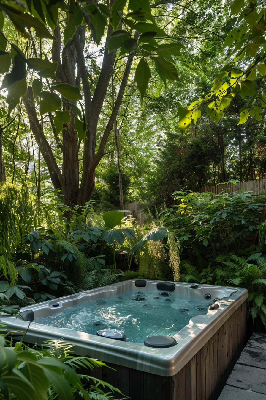 A serene outdoor hot tub surrounded by lush greenery and tall trees, with sunlight filtering through the leaves.