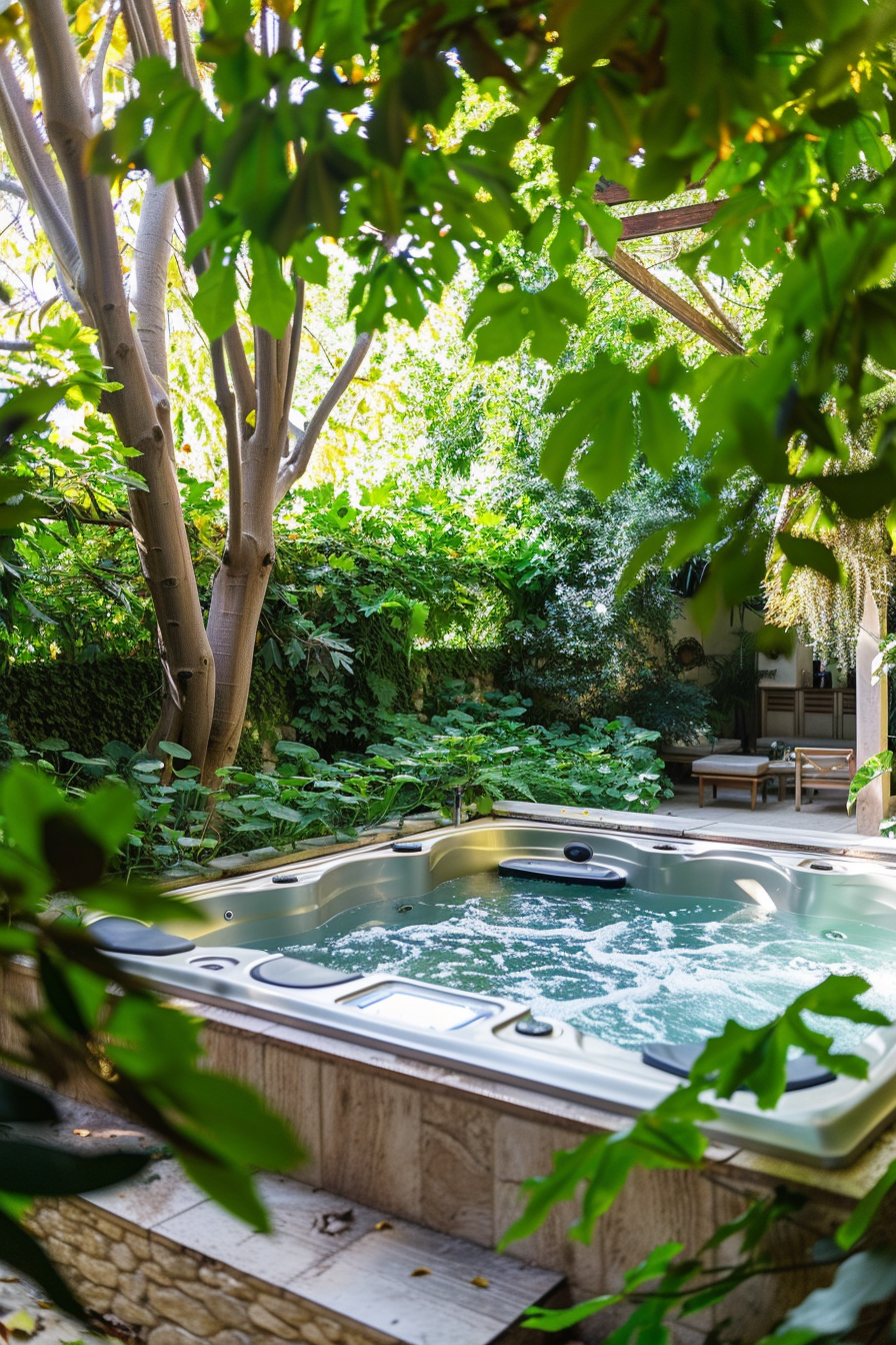 A tranquil outdoor hot tub surrounded by lush green foliage and wooden decking, with sunlight filtering through the leaves.