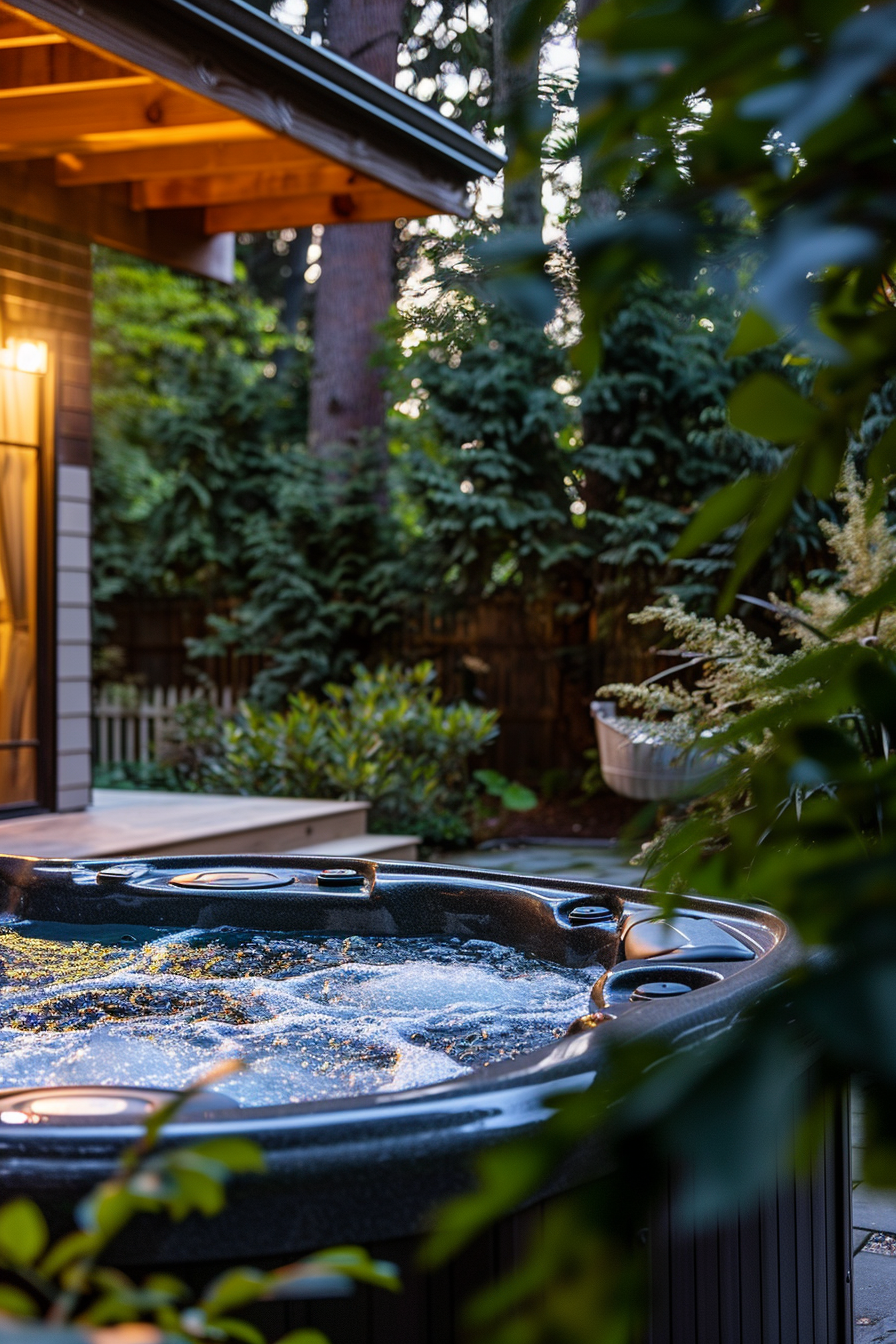 A serene backyard setting with a bubbling hot tub framed by lush greenery at dusk, highlighting an inviting and private outdoor retreat.