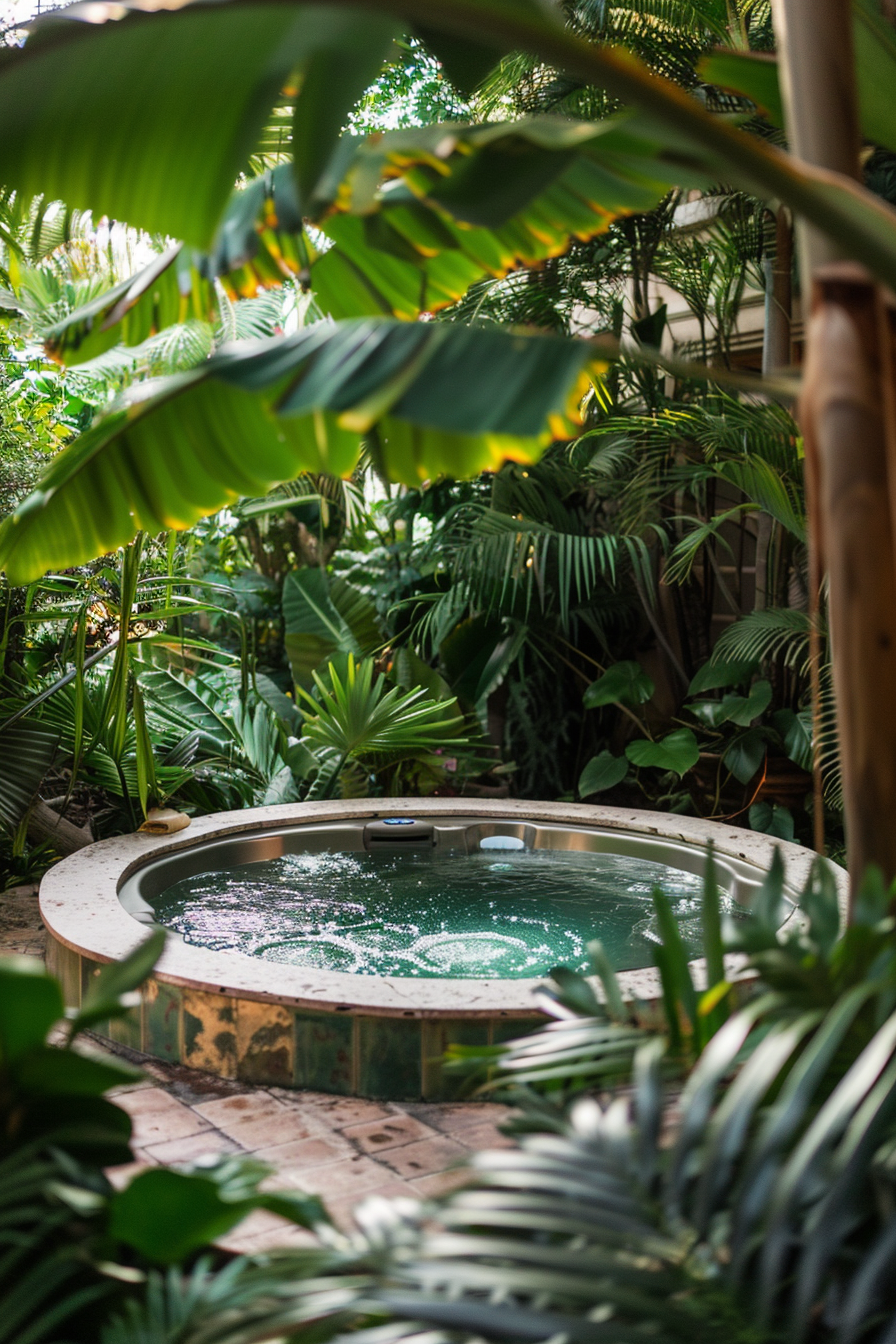 Secluded hot tub surrounded by lush green tropical plants and leaves, creating an intimate and tranquil garden retreat.