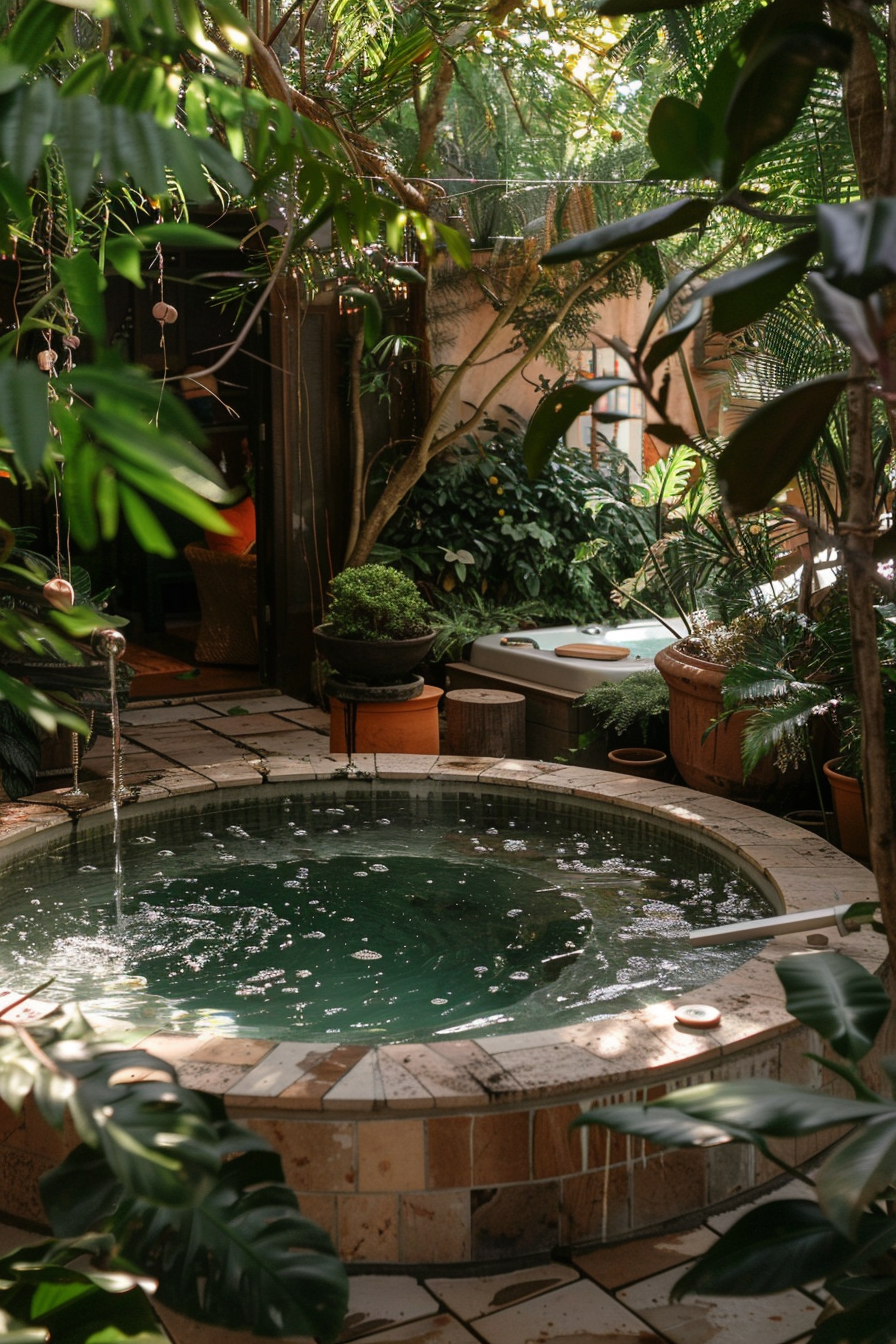 A tranquil garden patio with a circular jacuzzi surrounded by lush greenery and hanging plants, conveying a serene atmosphere.