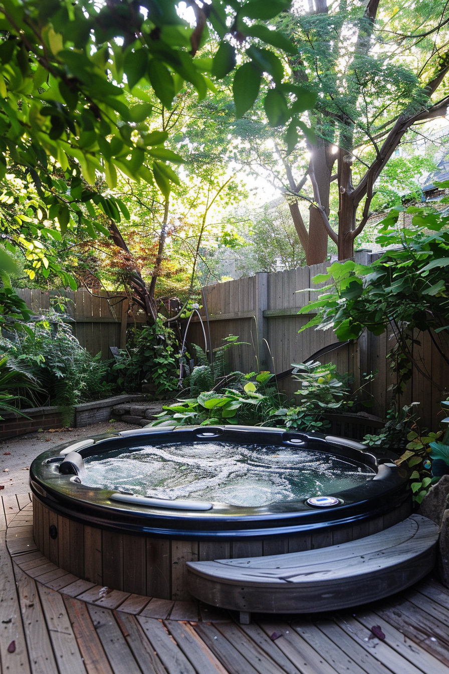 A cozy outdoor hot tub on a wooden deck surrounded by lush greenery and trees, with sunlight filtering through leaves.