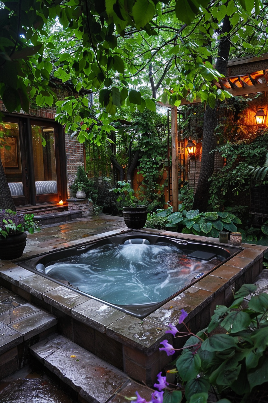 A serene outdoor setting featuring a hot tub surrounded by lush plants, with ambient lighting, and a glimpse of a cozy house interior.