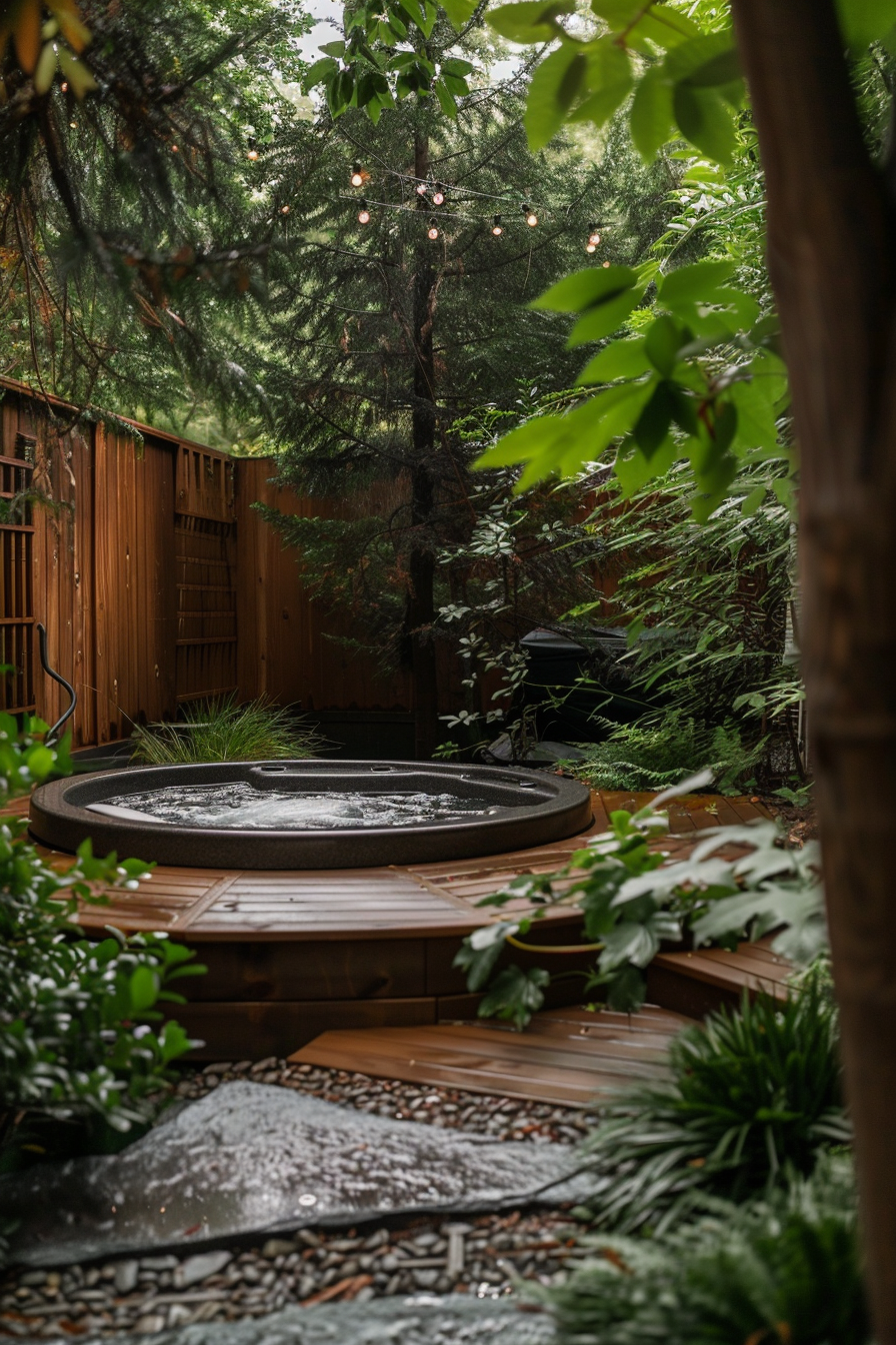 A tranquil outdoor space with a hot tub surrounded by wooden decking, pebbled path, plants, and string lights among trees.