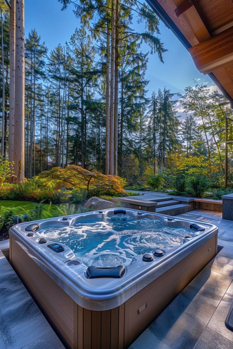 Hot tub on a patio surrounded by tall trees and lush greenery under a clear blue sky.