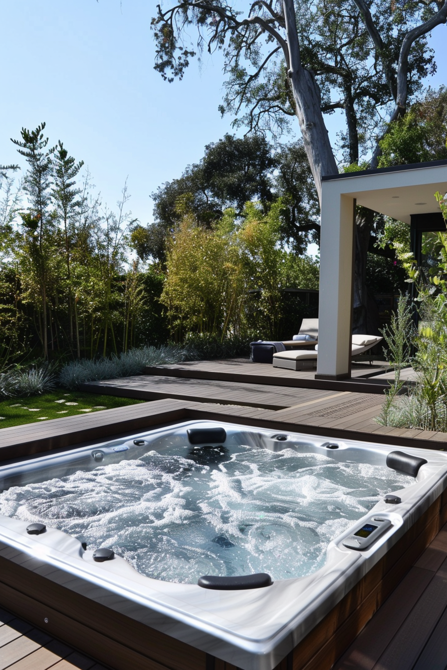 An outdoor hot tub with bubbling water on a wooden deck, surrounded by lush greenery and a clear blue sky.