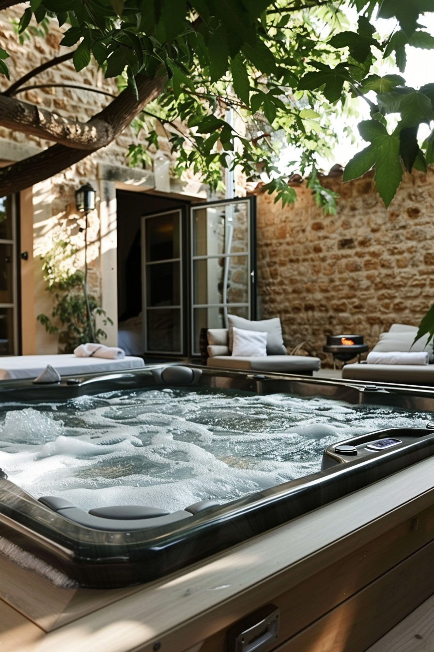 Outdoor hot tub with bubbling water in a cozy patio setting with a stone wall and comfortable seating area.