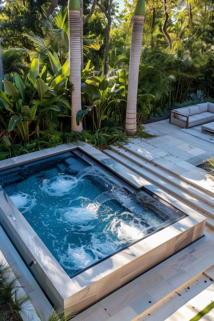 A luxurious outdoor jacuzzi with bubbling water, surrounded by tropical plants and a seating area.