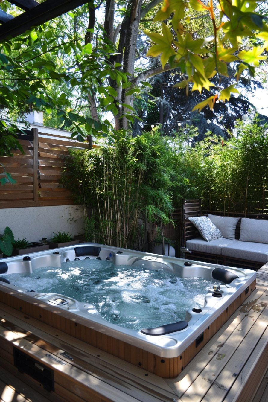 An outdoor hot tub with bubbling water on a wooden deck, surrounded by green plants, with a cozy lounge area to the side.