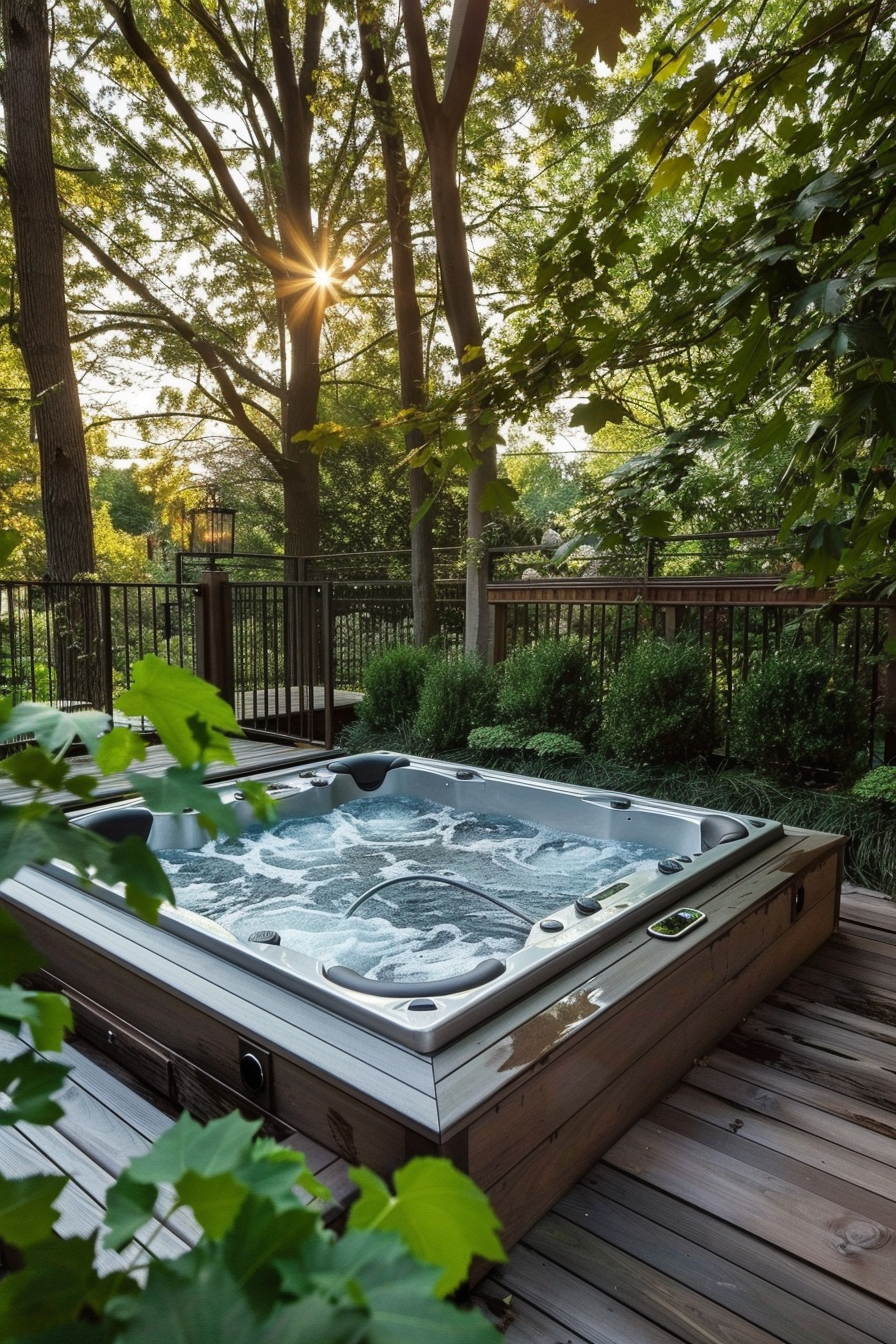 A serene backyard setting with a sunlit jacuzzi surrounded by lush greenery and a wooden deck at dusk.