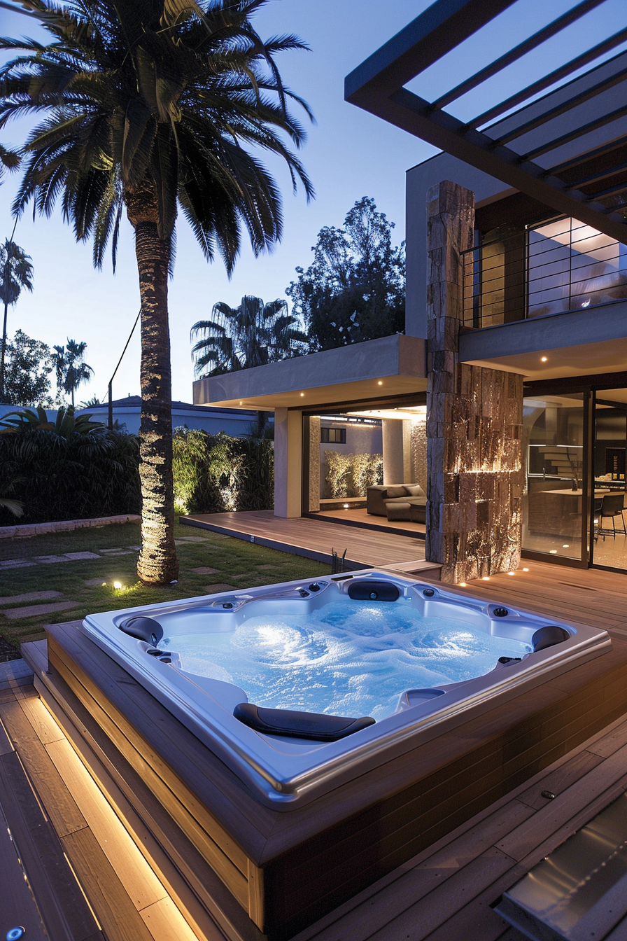 Luxurious outdoor hot tub with illuminated water at dusk, surrounded by wooden decking and tropical palm trees, adjacent to a modern home.
