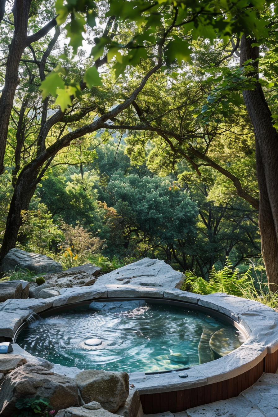 An outdoor hot tub surrounded by natural rocks and lush greenery under the shade of trees with sunlight filtering through leaves.