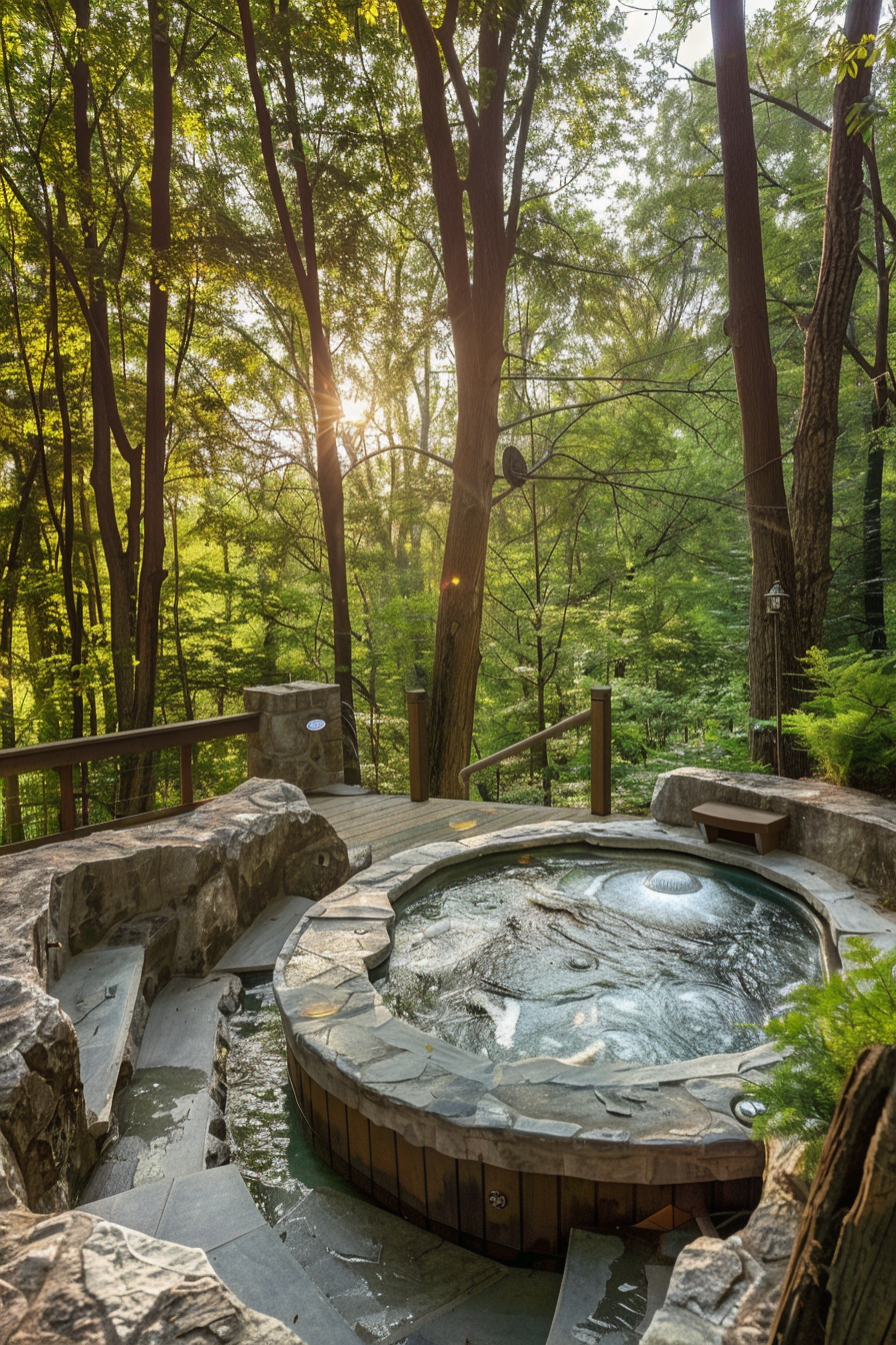 Outdoor hot spring bath surrounded by greenery with sunlight filtering through the trees.