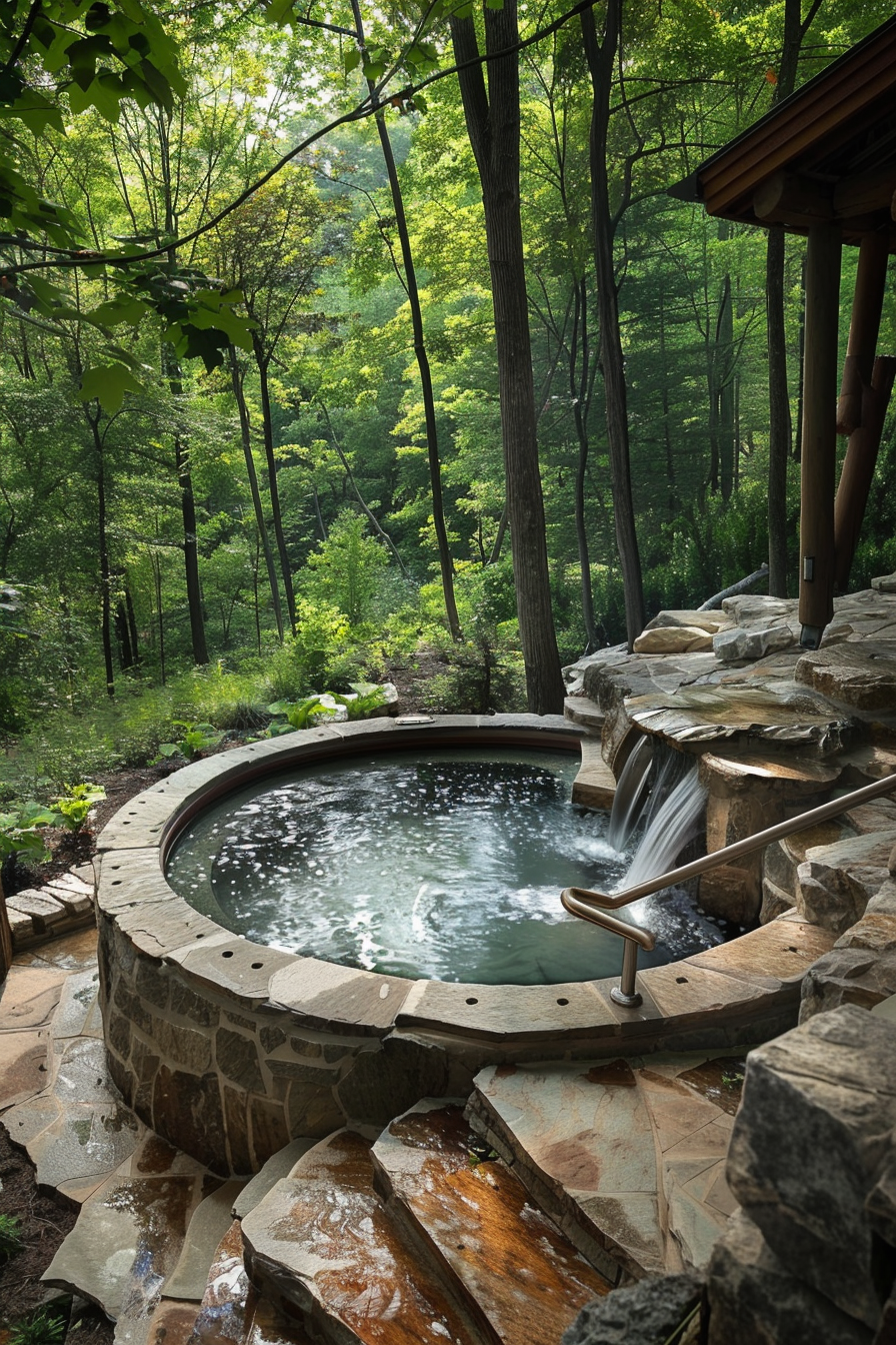 Outdoor hot tub surrounded by natural stone, nestled in a lush forest setting, with a wooden structure visible on the side.