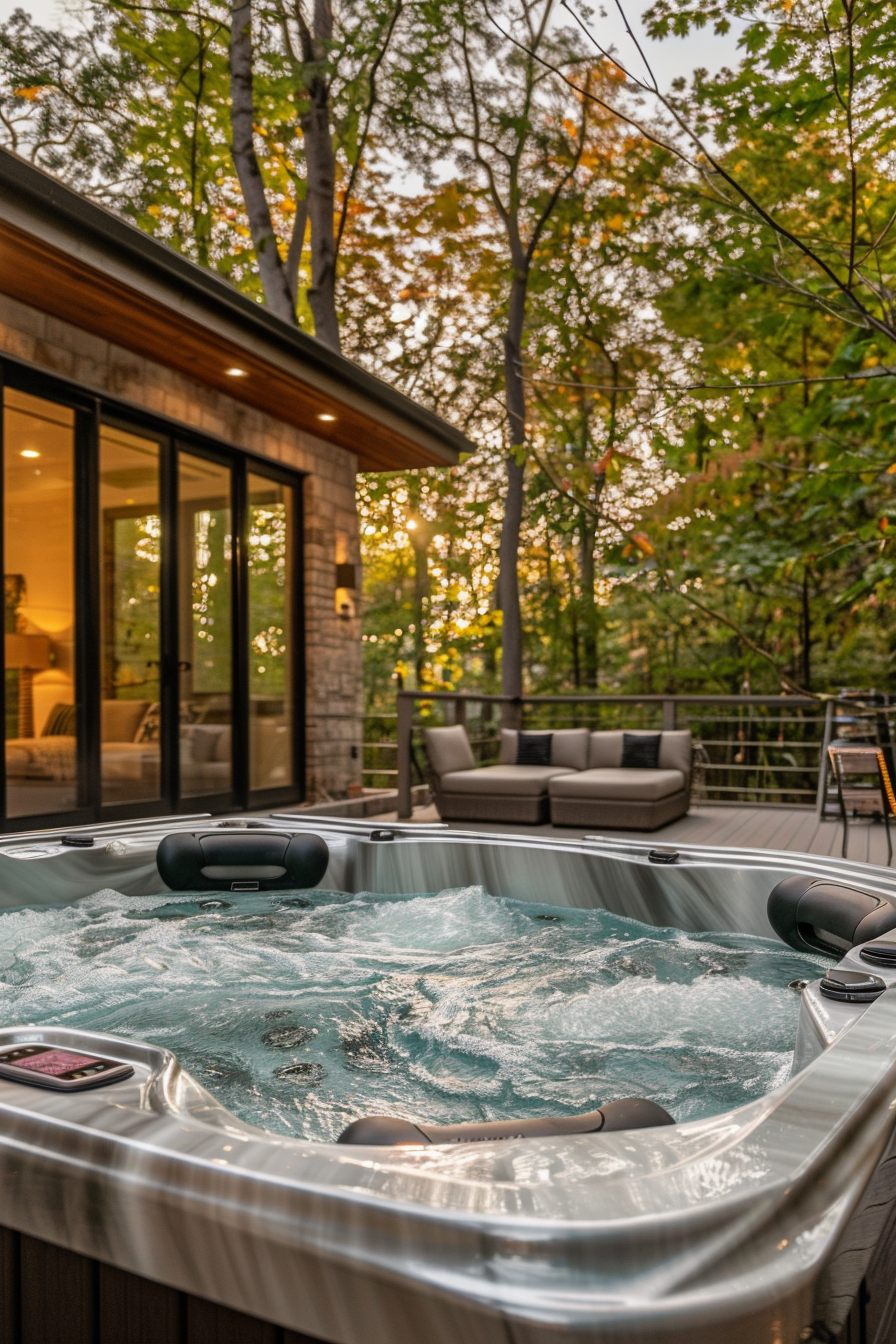 A bubbling hot tub on a deck with forest trees in autumn colors and a glimpse of a house with large glass windows at sunset.