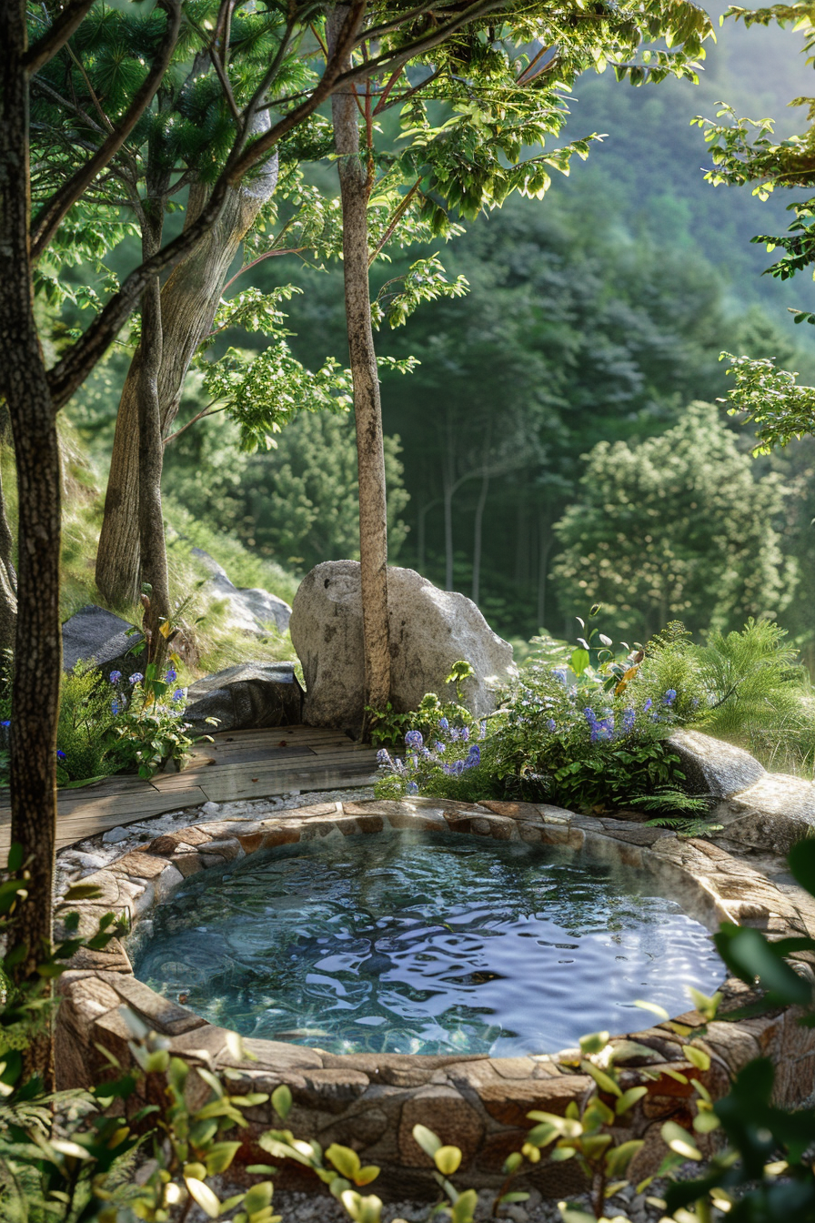A tranquil natural pool surrounded by lush vegetation and a wooden deck in a serene forested landscape.