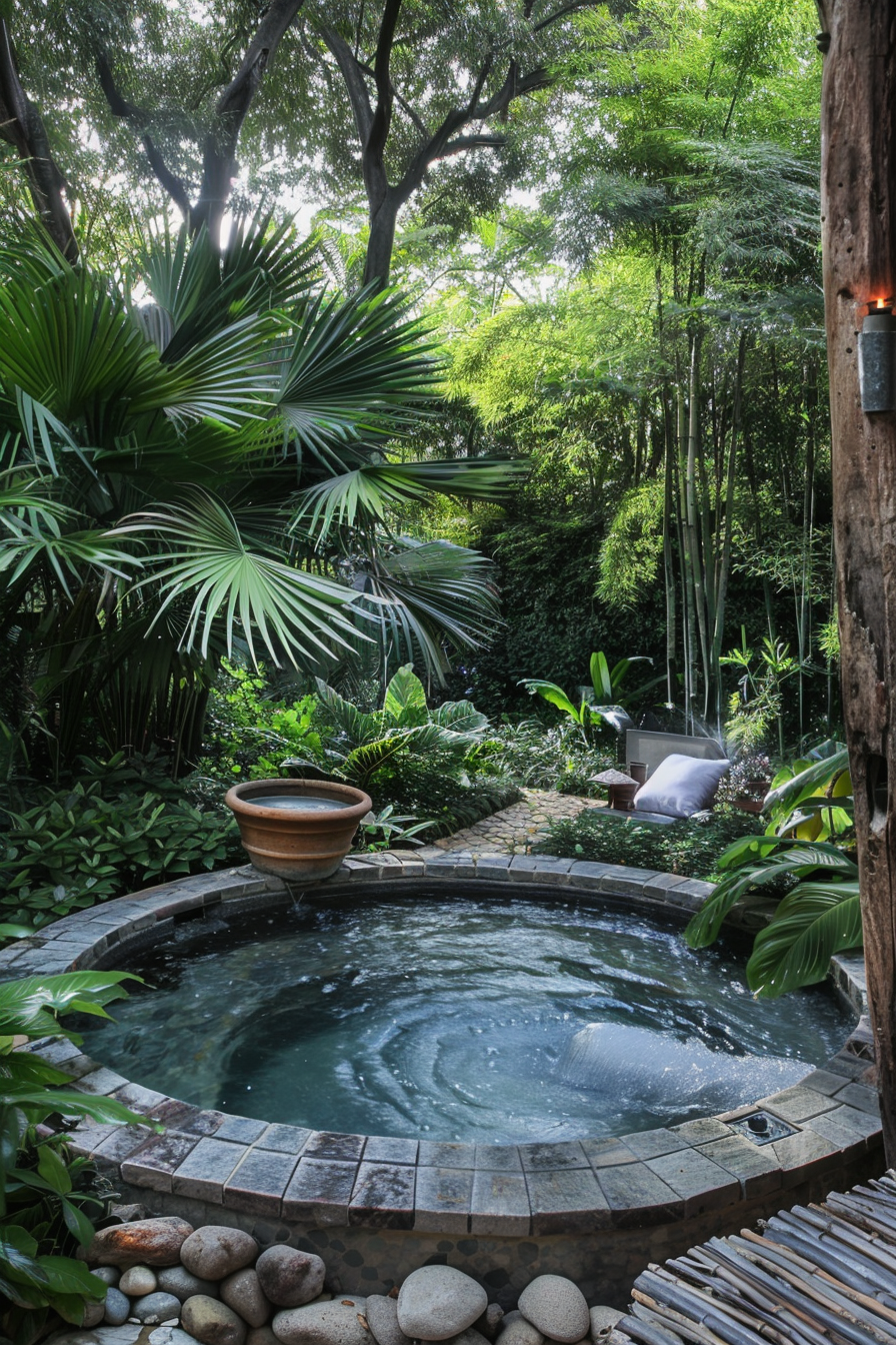 ALT text: A serene backyard garden with an inviting circular jacuzzi surrounded by lush greenery, pebbles, and a bamboo-lined path.