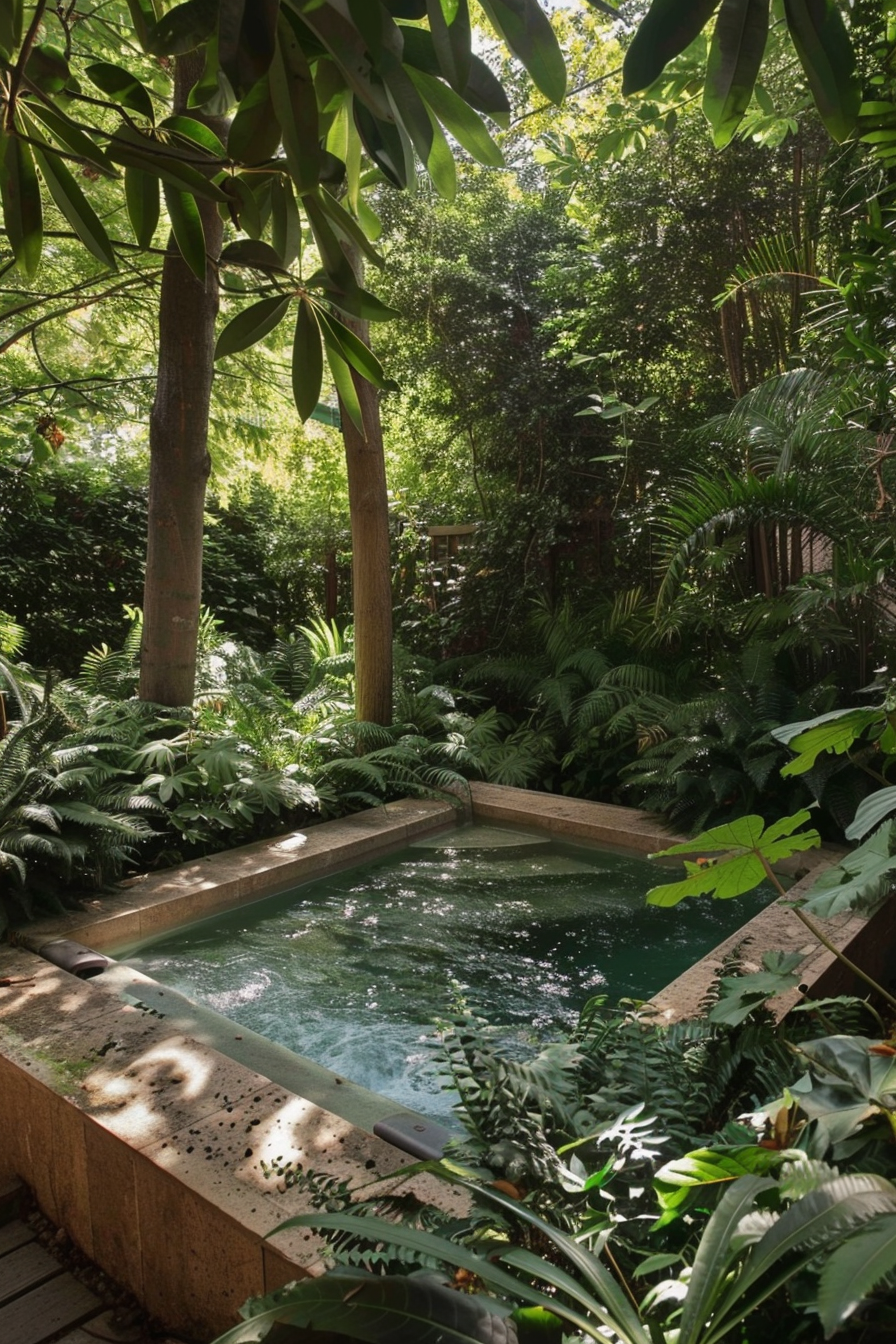 A serene outdoor pool nestled among lush greenery and shaded by large leafy trees, creating a tranquil forest-like oasis.