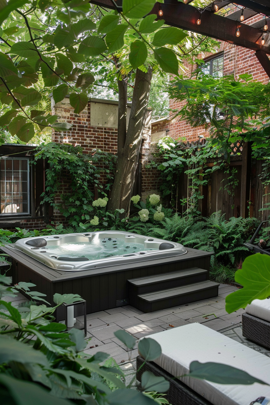 A serene backyard setting with a hot tub surrounded by lush greenery, hanging lights, and a brick wall background.