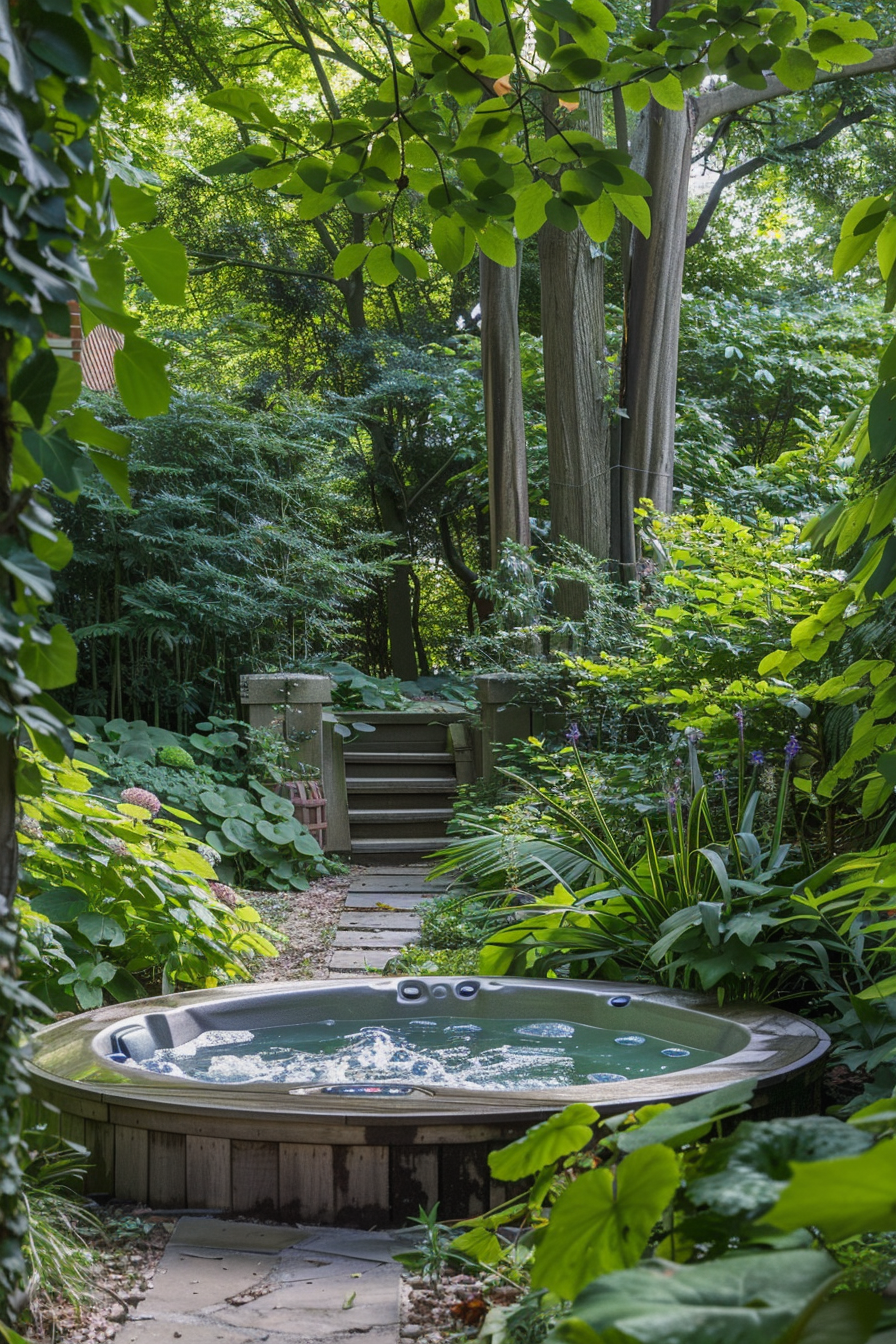 A serene garden pathway leading to a hot tub surrounded by lush greenery and trees.