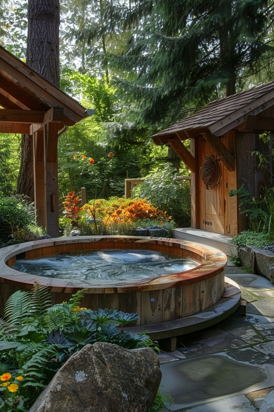 A serene garden setting featuring a round wooden hot tub surrounded by lush plants with a wooden cabin in the background.
