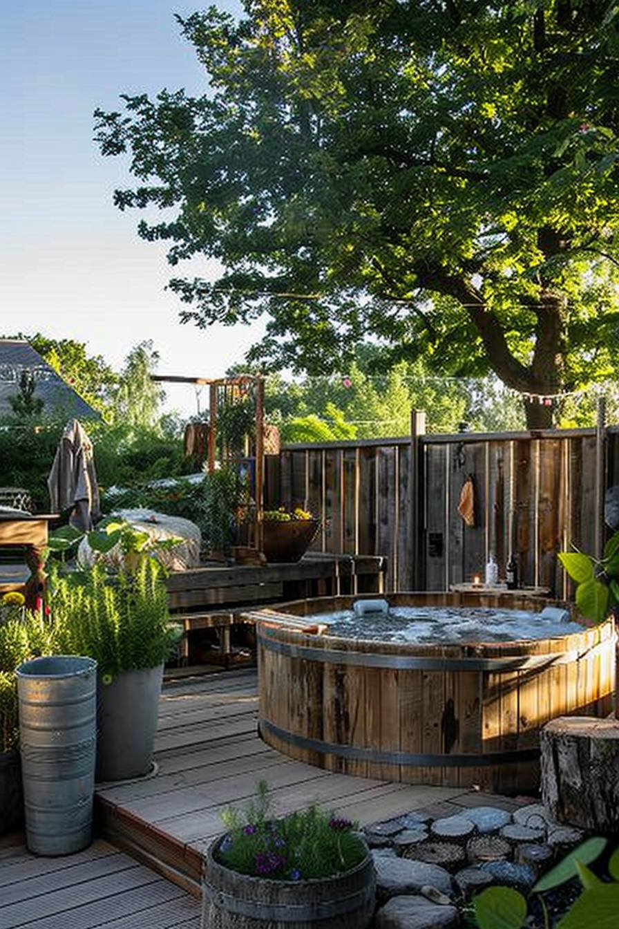 Cozy backyard setting with wooden hot tub, decking, plants in containers, and surrounding wooden fence basked in soft sunlight.