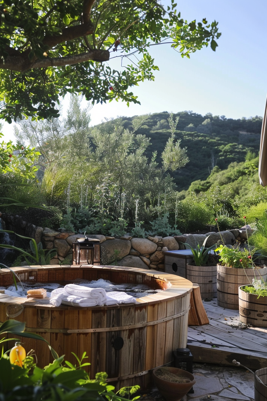 ALT: A serene garden setting with a wooden hot tub, surrounded by lush greenery and stacked stone walls, under a clear blue sky.