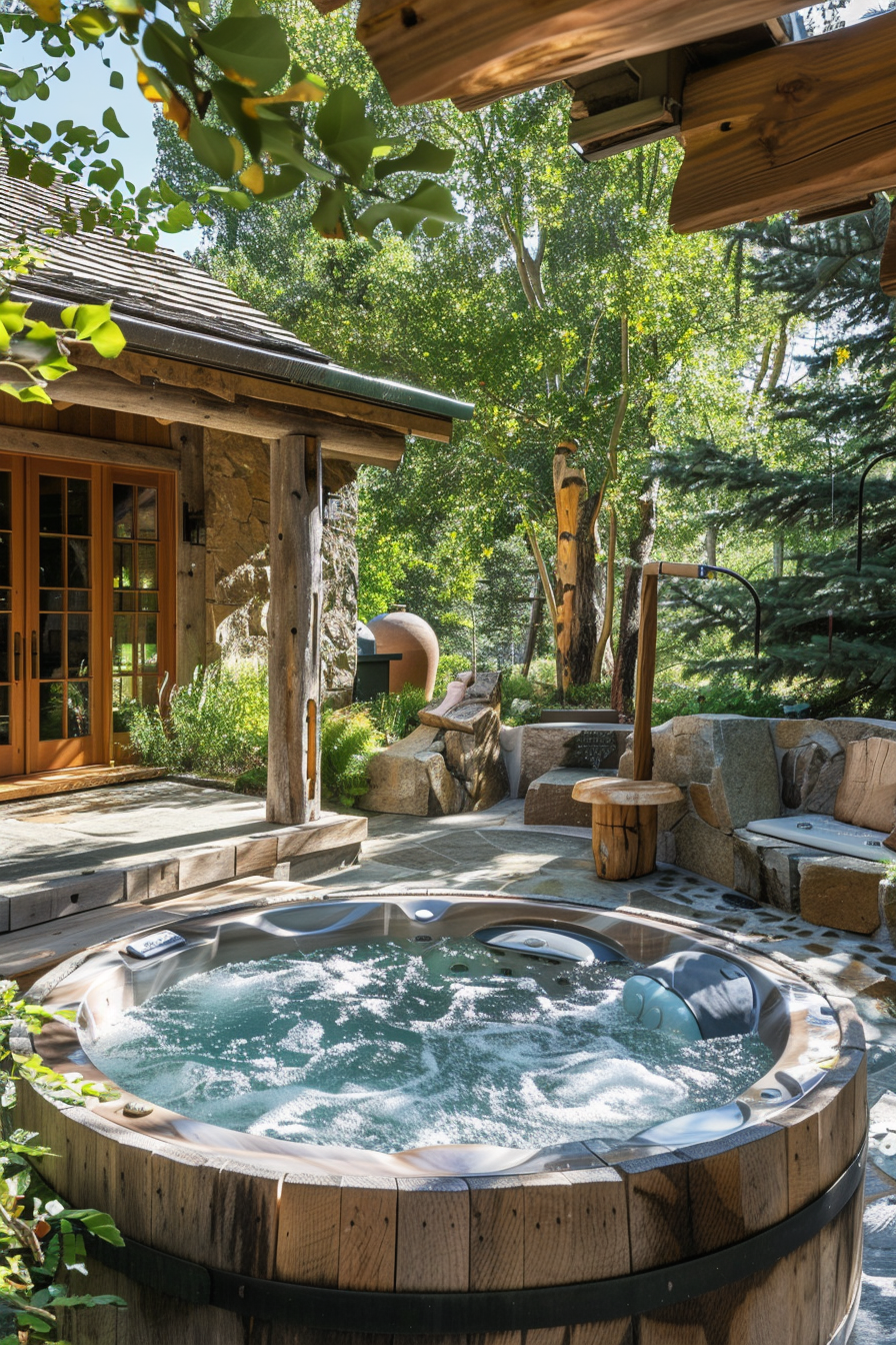 A serene outdoor hot tub setting with bubbling water, surrounded by natural stone, lush greenery, and wooden architectural details.