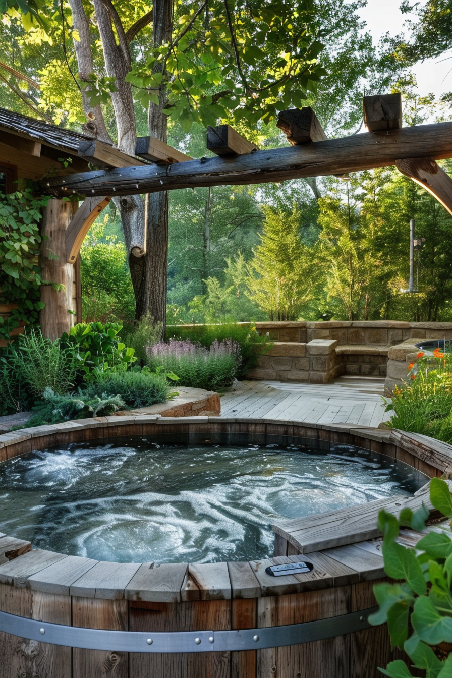 Wooden hot tub in a serene garden with lush greenery, stone steps, and hanging lights among the trees.