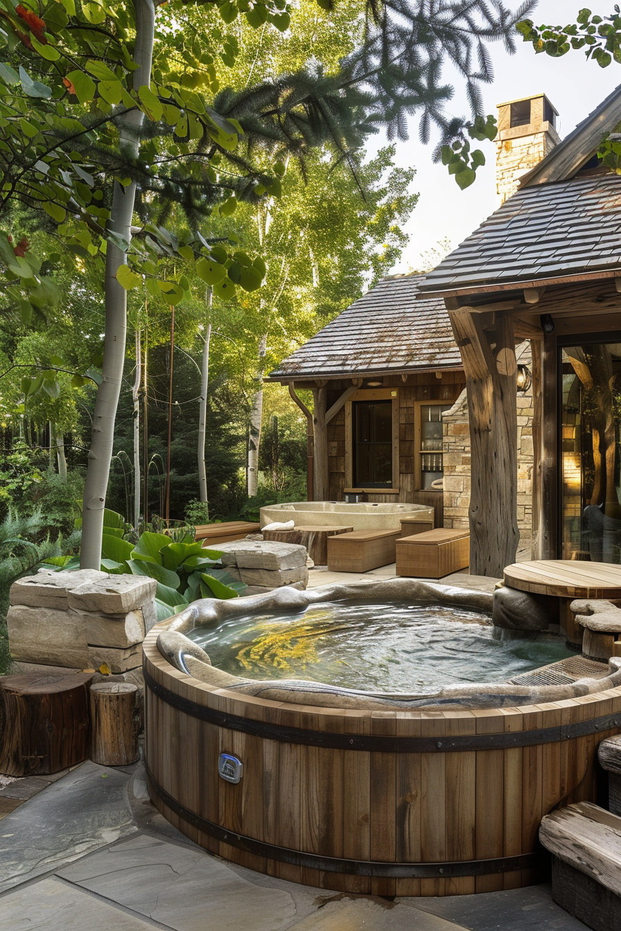 Rustic outdoor spa area with a wooden hot tub and stone steps surrounded by lush greenery and a cabin-style structure in the background.