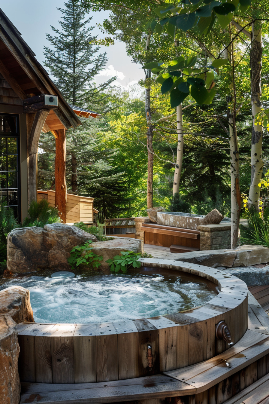 ALT: A wooden hot tub on a deck amidst lush greenery with trees and a bench, located next to a cabin in a serene forest setting.
