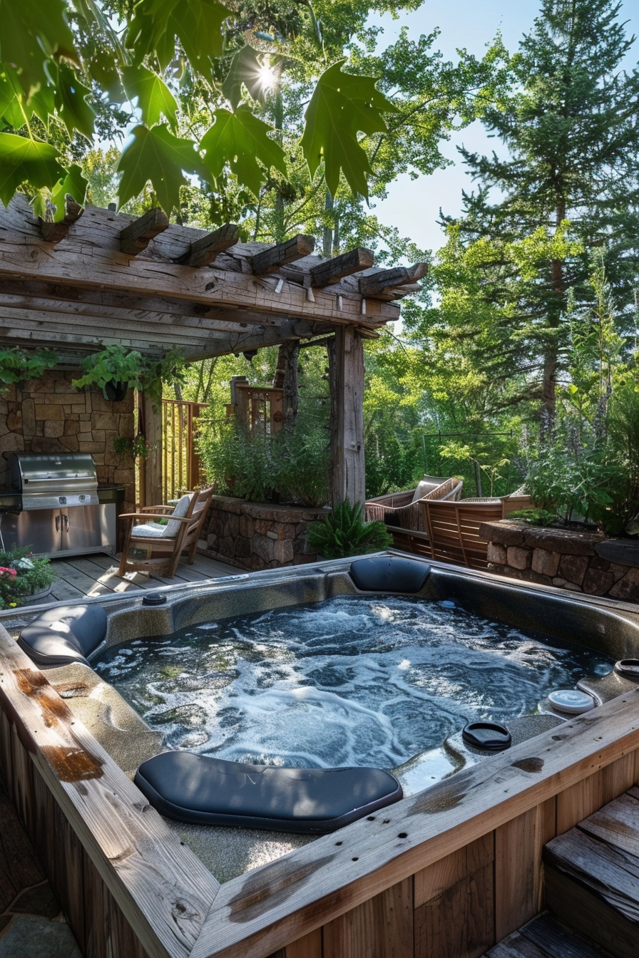 Outdoor hot tub surrounded by lush greenery and a wooden pergola with sunlight filtering through leaves.