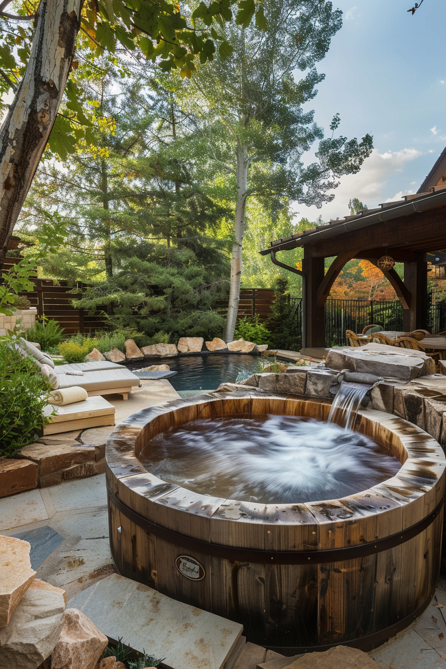 ALT Text: "Luxurious outdoor spa area with a wooden hot tub in the foreground and a natural stone pool in the background surrounded by lush greenery."