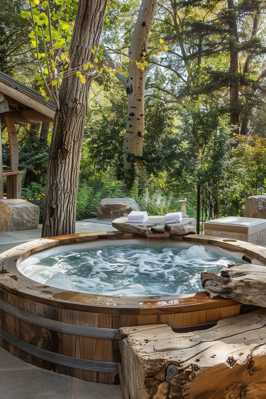 Rustic wooden hot tub in a tranquil forest setting with trees and a gazebo nearby, emanating serenity and relaxation.